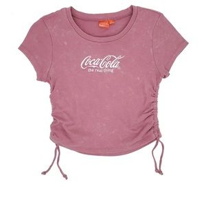 Juniors' Coca Cola Embroidered Logo Side Cinch Pink Tee Crop Adjustable Sz L NWT